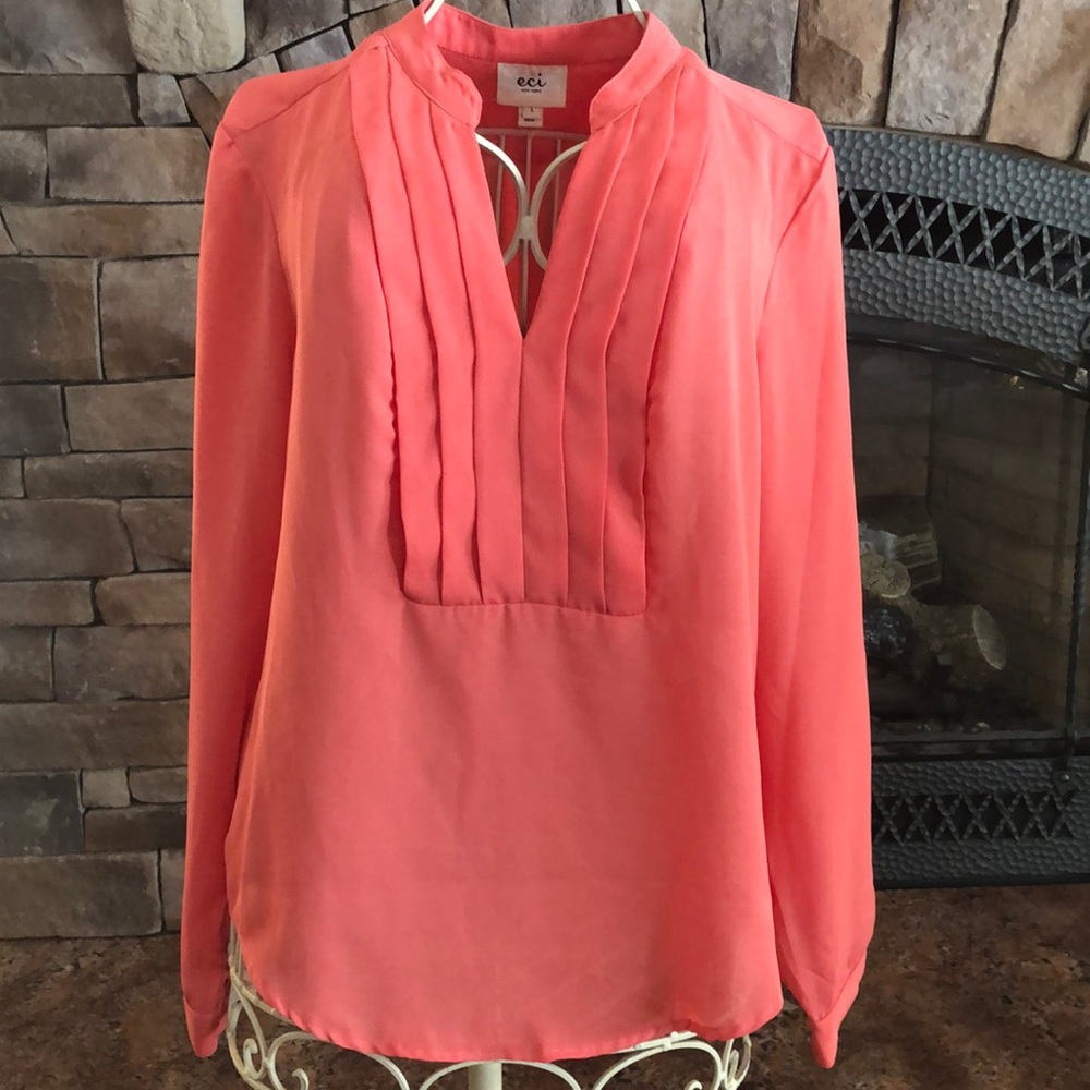 Coral Long Sleeve V-Neck Pleated Blouse
